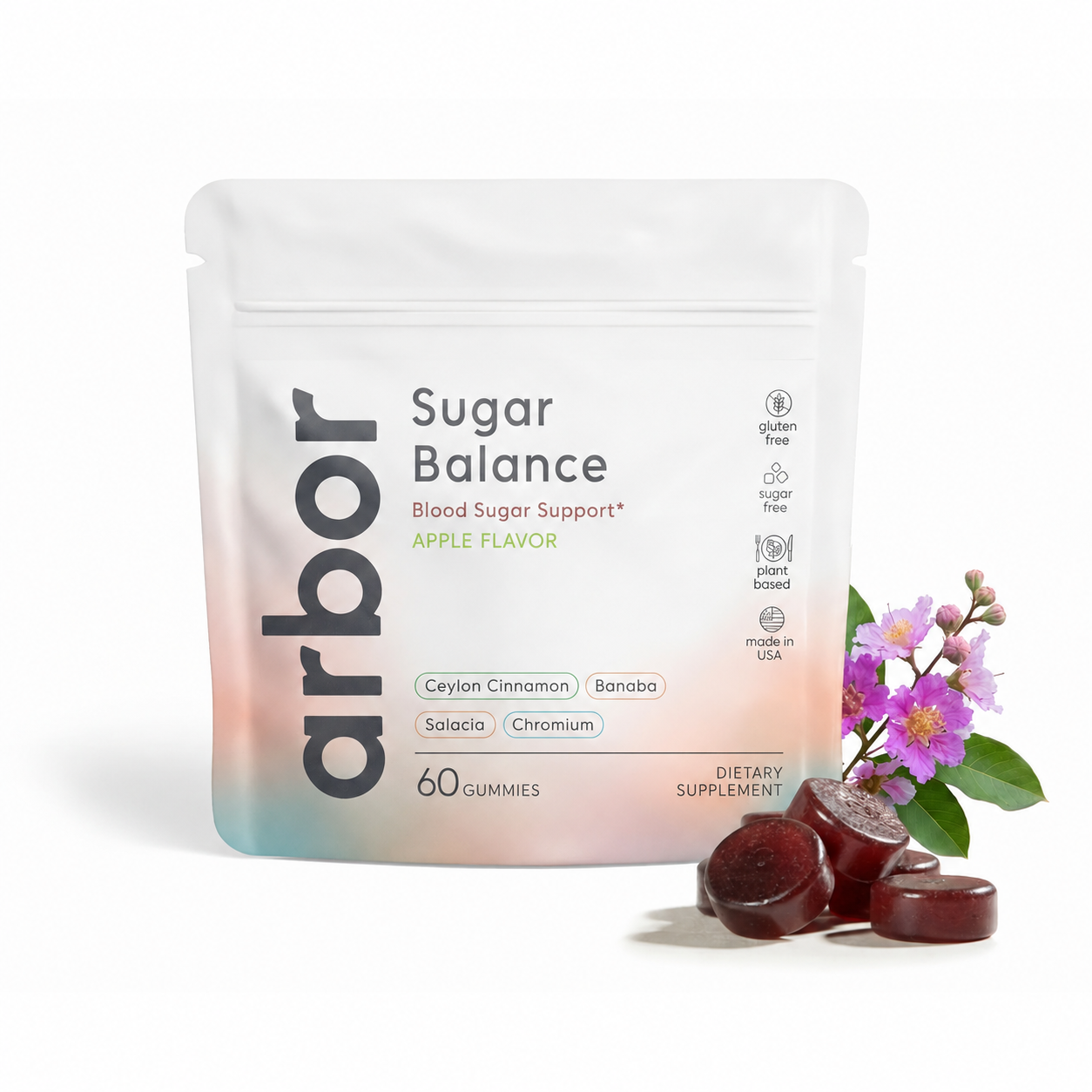 Arbor Sugar Balance Gummies, apple flavor sugar-free dietary supplement with Ceylon cinnamon, banaba, salacia, and chromium in a 60-count pouch.