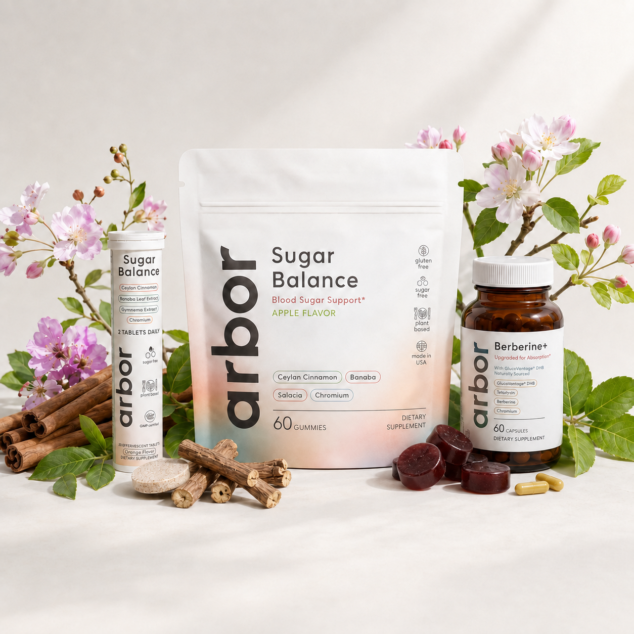 The Arbor Sugar Balance Stack featuring Sugar Balance Gummies, Sugar Balance Effervescent Tablets, and Berberine+ capsules with cinnamon, botanicals, gummies, tablets, and capsules